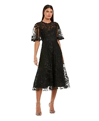 Mac Duggal Women's Flutter Sleeve Embroidered Midi Dress