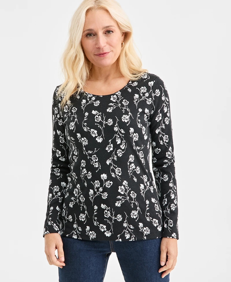 Style & Co Women's Printed Long-Sleeve Scoop-Neck Top, Macy's Exclusive