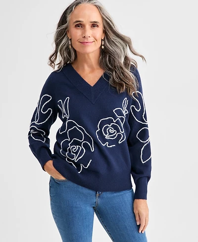 Style & Co Petite Embroidered Soutache Long-Sleeve Sweater, Macy's Exclusive