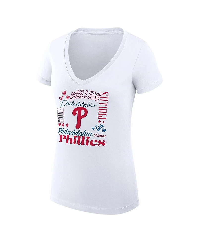 G-iii 4Her by Carl Banks Women's White Philadelphia Phillies Super-Slim Fit Lightweight Collage Team Graphic V-Neck T-Shirt