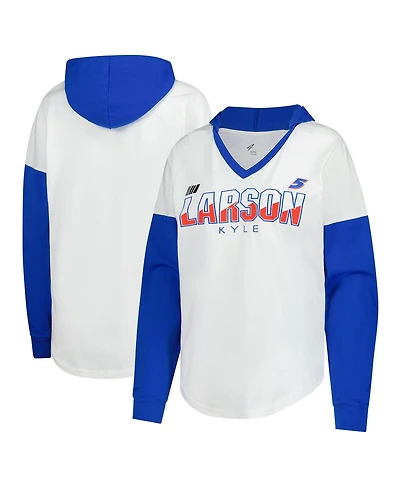 G-iii 4Her by Carl Banks Women's White/Royal Kyle Larson Bench Player Oversized Long Sleeve Hoodie V-Neck T-Shirt