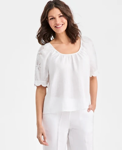 Charter Club Women's 100% Linen Scalloped-Cuff Scoop-Neck Top, Macy's Exclusive
