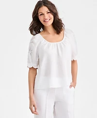 Charter Club Women's 100% Linen Scalloped-Cuff Scoop-Neck Top, Macy's Exclusive