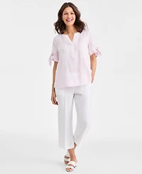 Charter Club Women's 100% Linen Tie-Cuff Split-Neck Top, Macy's Exclusive
