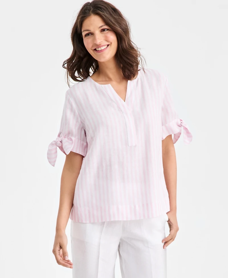 Charter Club Women's 100% Linen Tie-Cuff Split-Neck Top, Macy's Exclusive