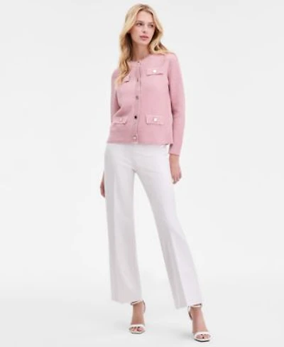 Anne Klein Womens Glitz Lady Crewneck Cardigan Mid Rise Wide Leg Pull On Pants
