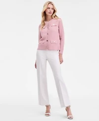 Anne Klein Womens Glitz Lady Crewneck Cardigan Mid Rise Wide Leg Pull On Pants