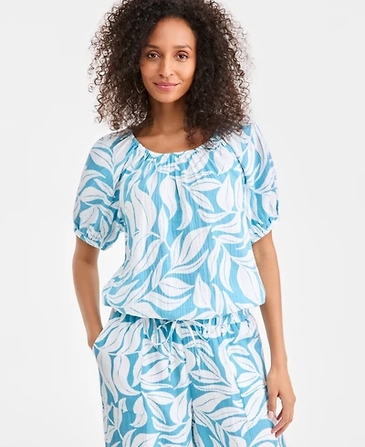 Style & Co Petite Short-Sleeve Print Gauze Bubble Top