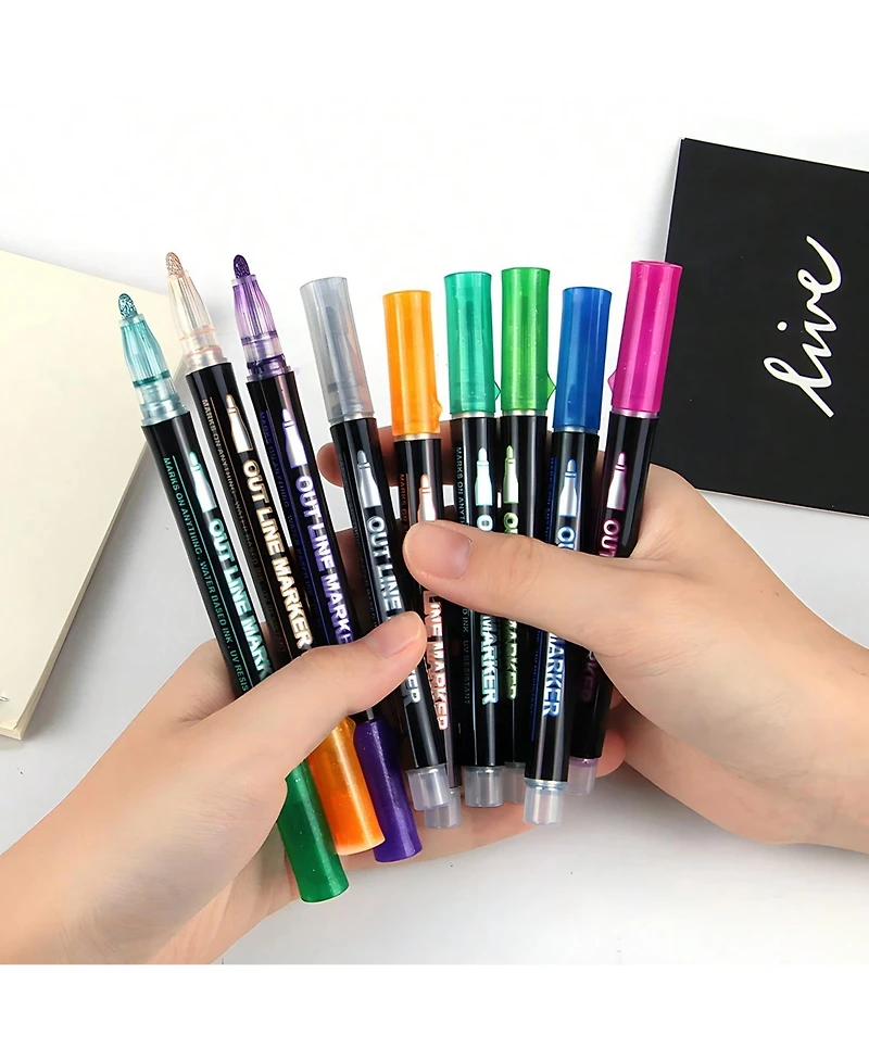 Htutwoo Colors Double Line Outline Pens,Self-Outline Metallic Markers Glitter Writing Drawing Pens For Card Writing