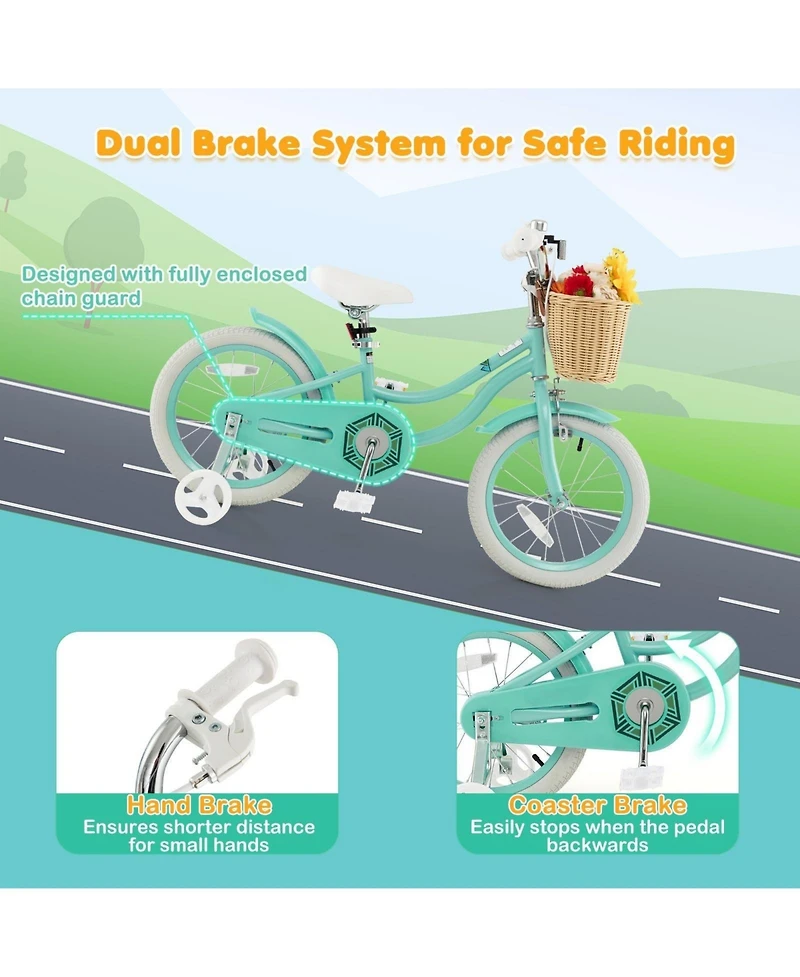 16 Inch Kids Bike with Training Wheels and Adjustable Handlebar and Seat, Green