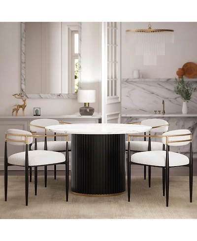 Modern Faux Marble Dining Room Set With 47" Round Table And 4 Boucle Armchairs for Kitchen Dinner