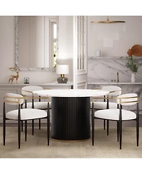 Modern Faux Marble Dining Room Set With 47" Round Table And 4 Boucle Armchairs for Kitchen Dinner