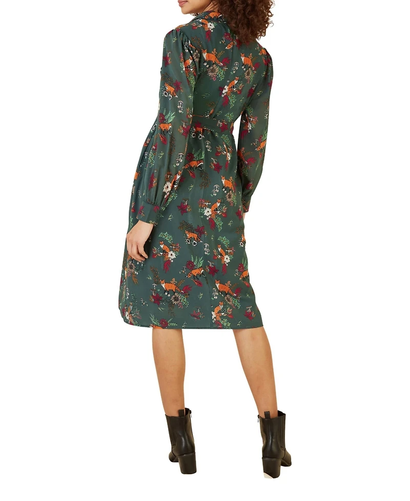 Yumi Women's Fox Print Shirt Midi Dress