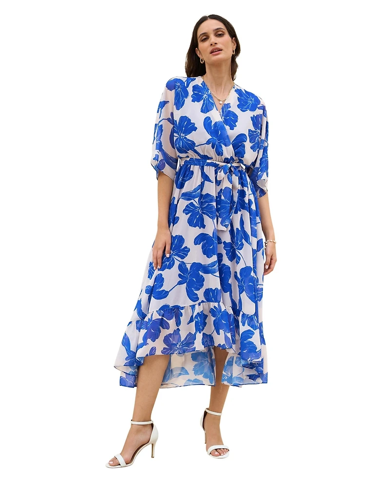 Yumi Women's Kimono Sleeves Midi Dip Hem Wrap Dress