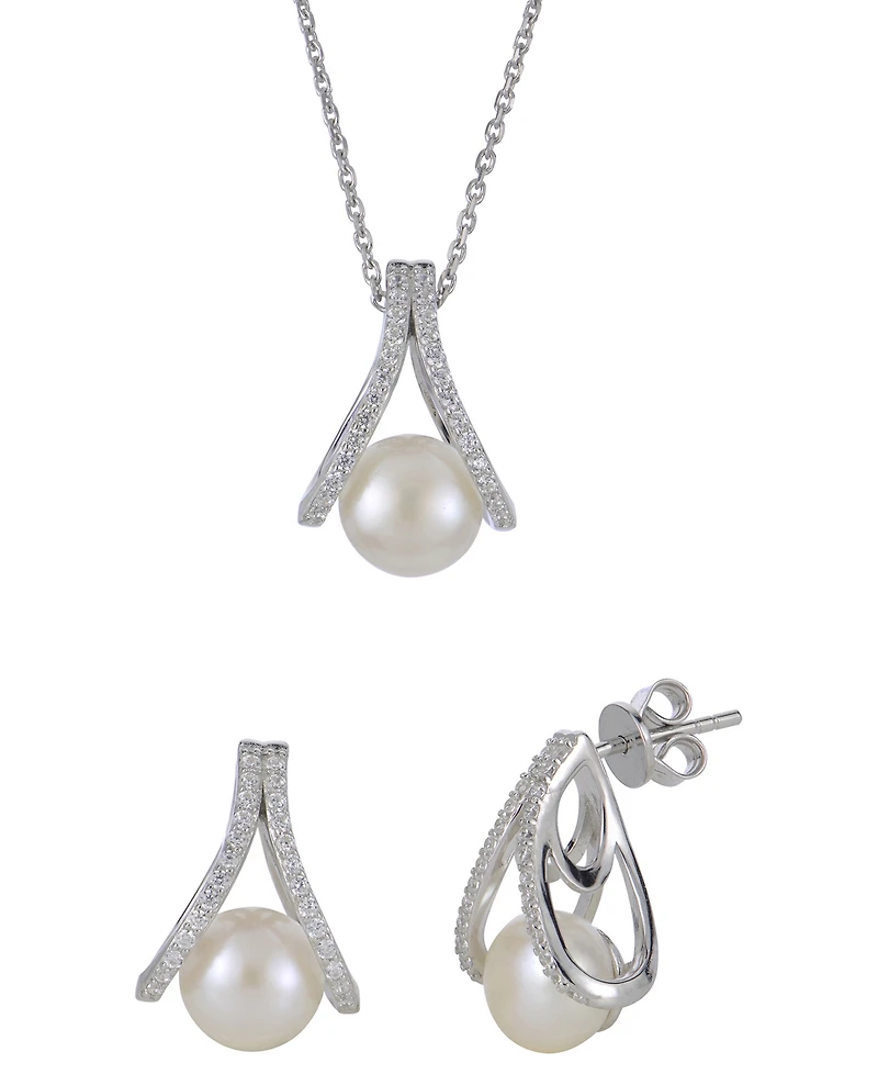 Macy's 2-Pc. Cultured Freshwater Pearl (8-8.5mm) and Lab Created White Sapphire Earring and Pendant Necklace (0.507 ct. t.w.) Set in Sterling Silver