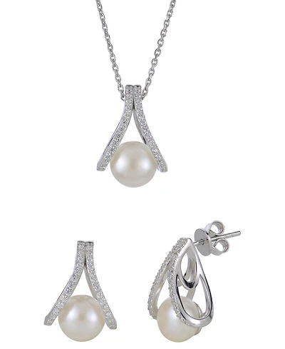 Macy's 2-Pc. Cultured Freshwater Pearl (8-8.5mm) and Lab Created White Sapphire Earring and Pendant Necklace (0.507 ct. t.w.) Set in Sterling Silver
