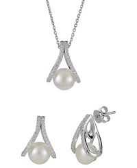 Macy's 2-Pc. Cultured Freshwater Pearl (8-8.5mm) and Lab Created White Sapphire Earring and Pendant Necklace (0.507 ct. t.w.) Set in Sterling Silver