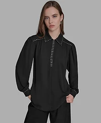 Bcbg Women's Long Sleeve Embellish Trim Top