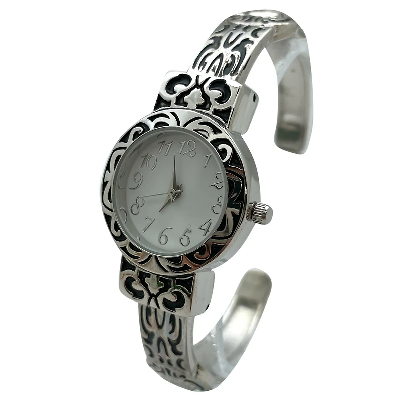 Olivia Pratt Elegant Metallic and Detailed Round Face Bangle Women Watch, Silver
