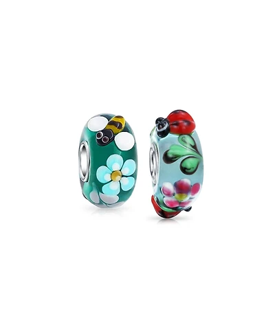 Bling Jewelry Set of 2 Bee & Ladybug Flower Murano Glass Charm Bead Sterling Silver