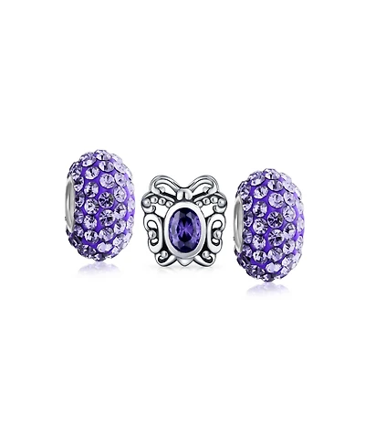 Bling Jewelry Set of 3 Purple Cz Butterfly & Solid Lilac Purple Crystal Spacer Bead Charm Bead for European Bracelet