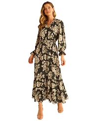 Vince Camuto Women's Long-Sleeve Smocked-Waist Tiered Dress