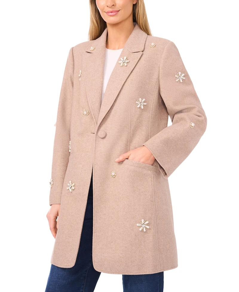 CeCe Women's Peak Lapel Single Breasted Long Sleeve Coat