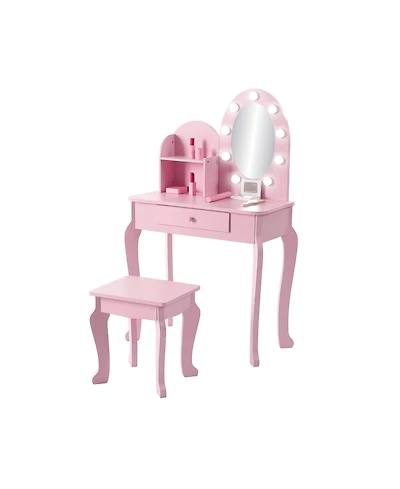 Vanity Desk with Mirror and Lights, Small Vanity Table and Chair Set, Wooden Makeup Desk Dressing Table with Drawers & 3 Light Modes