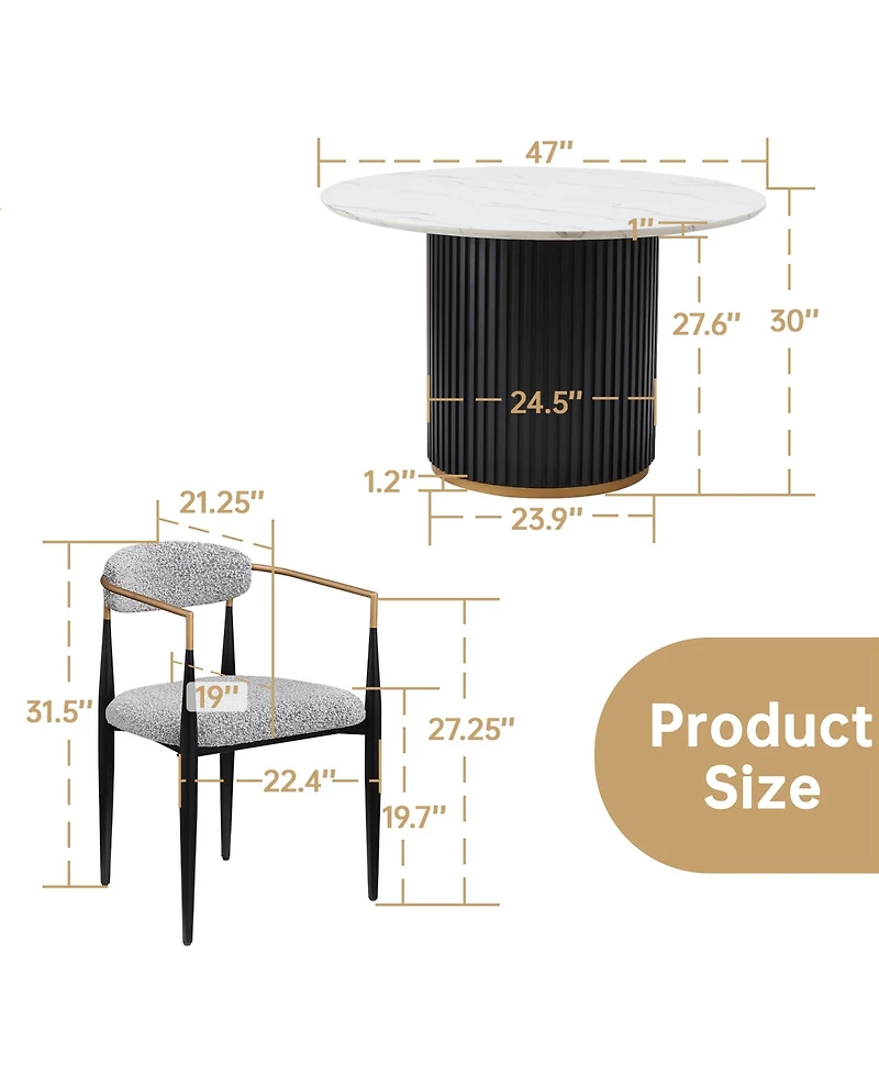 Morden Fort Modern Faux Marble Dining Room Set With 47" Round Table And 2 Boucle Armchairs for Kitchen Dinner