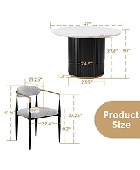 Morden Fort Modern Faux Marble Dining Room Set With 47" Round Table And 2 Boucle Armchairs for Kitchen Dinner