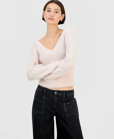 Planet Heart Juniors' V-Neck Metallic Eyelash Long-Sleeve Sweater