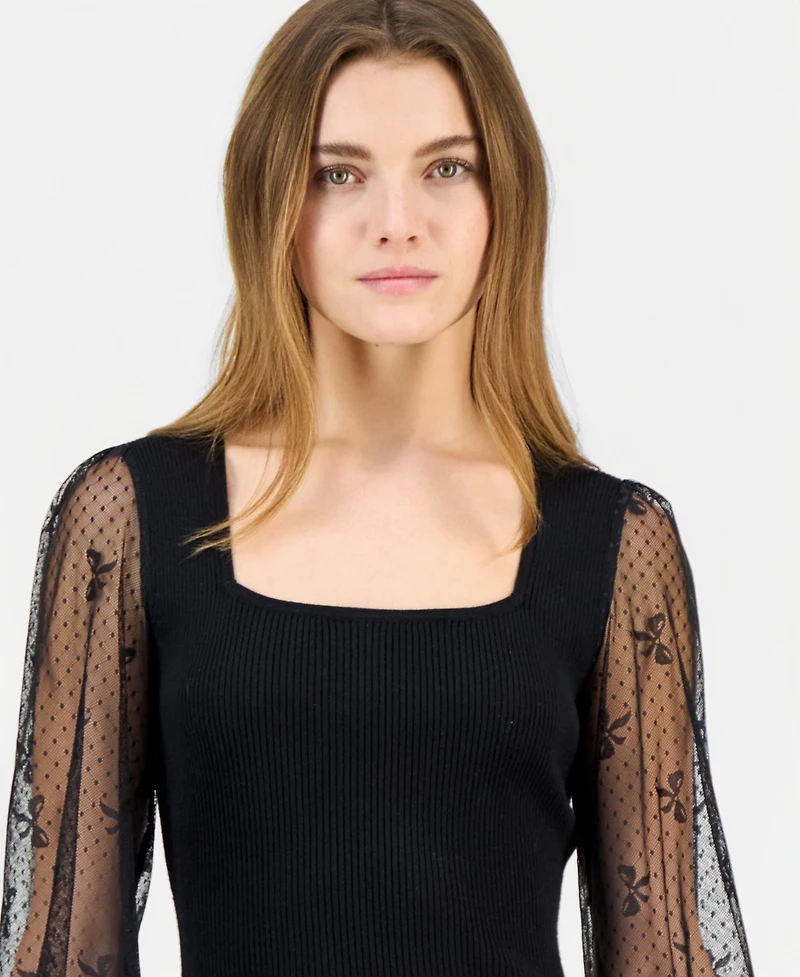 Madden Girl Juniors' Square-Neck Bow-Mesh Sleeve Top