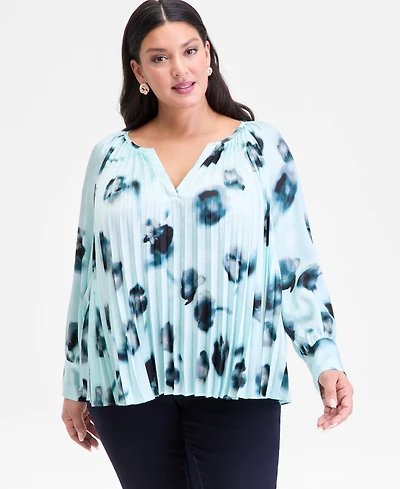 I.n.c. International Concepts Plus Printed Pleated Split-Neck Blouse, Macy's Exclusive