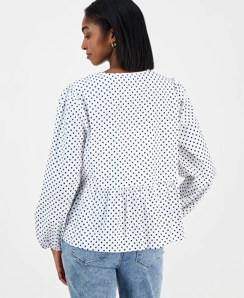 Nautica Jeans Women's Dot-Print Bow-Trim Cotton Peplum Blouse