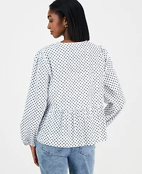 Nautica Jeans Women's Dot-Print Bow-Trim Cotton Peplum Blouse