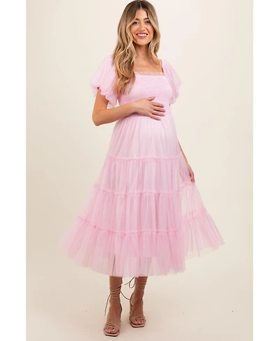 Pinkblush Maternity Light Pink Smocked Tiered Tulle Midi Dress
