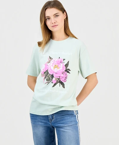 Rebellious One Juniors' Cotton La Flower Market Boyfriend Tee