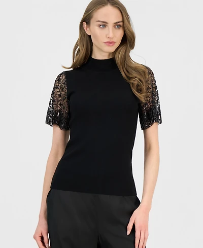 T Tahari Women's Beaded-Sleeve Mock Neck Sweater