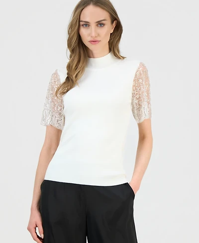 T Tahari Women's Beaded-Sleeve Mock Neck Sweater