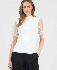 T Tahari Women's Beaded-Sleeve Mock Neck Sweater