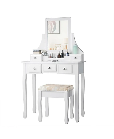Makeup Vanity Set with Mirror and Cushioned Stool