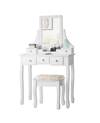 Makeup Vanity Set with Mirror and Cushioned Stool