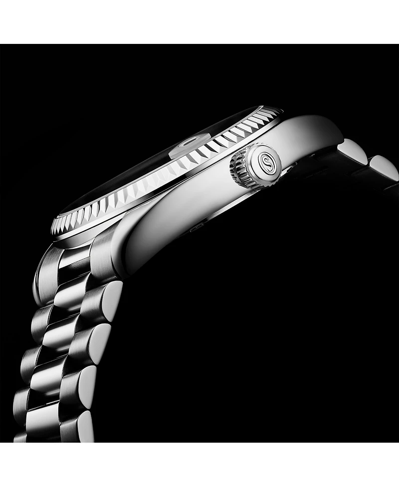 Stuhrling Statesman 4070 Men s Watch – Stainless Steel Bracelet, Blue Dial, Day-Date Quartz, 42mm Fluted Bezel