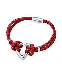 Bling Jewelry Set of 2 Red White Double Strand Braided Leather Bracelet Heart Charms Steel