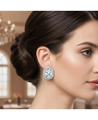 Bling Jewelry Art Deco Style Fashion Formal Holiday Party Large Oval Clear Cubic Zirconia Baguette Halo Cz Stud Clip On Earrings Non Pierced Ear