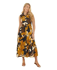 Yumi Women's Cotton Leaf Midi Sleeveless Shirt Dress