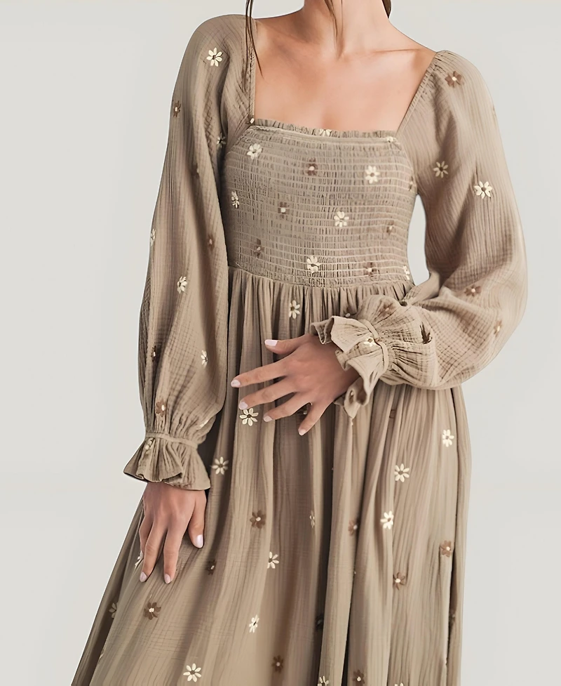 Modenaire Women's Floral-Embroidered Smocked Tiered Maxi Dress
