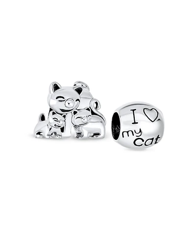 Bling Jewelry Set of 2 Mommy Cat & Kittens Family & I Love My Cat Round Charm Bead Sterling Silver