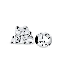 Bling Jewelry Set of 2 Mommy Cat & Kittens Family & I Love My Cat Round Charm Bead Sterling Silver