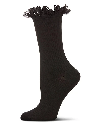 MeMoi Women's Fine Rib Loop Cuff Crew Socks